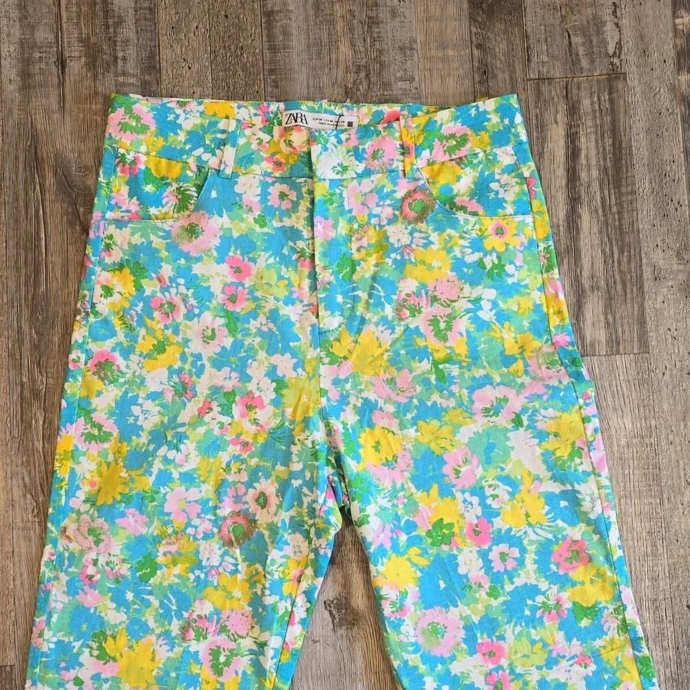 ZARA| Floral Printed Linen Blend| Flare Trousers|‎ Size 4​